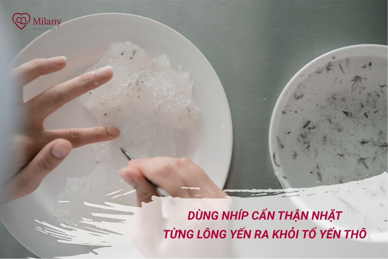 Dùng nhíp nhặt lông yến thô